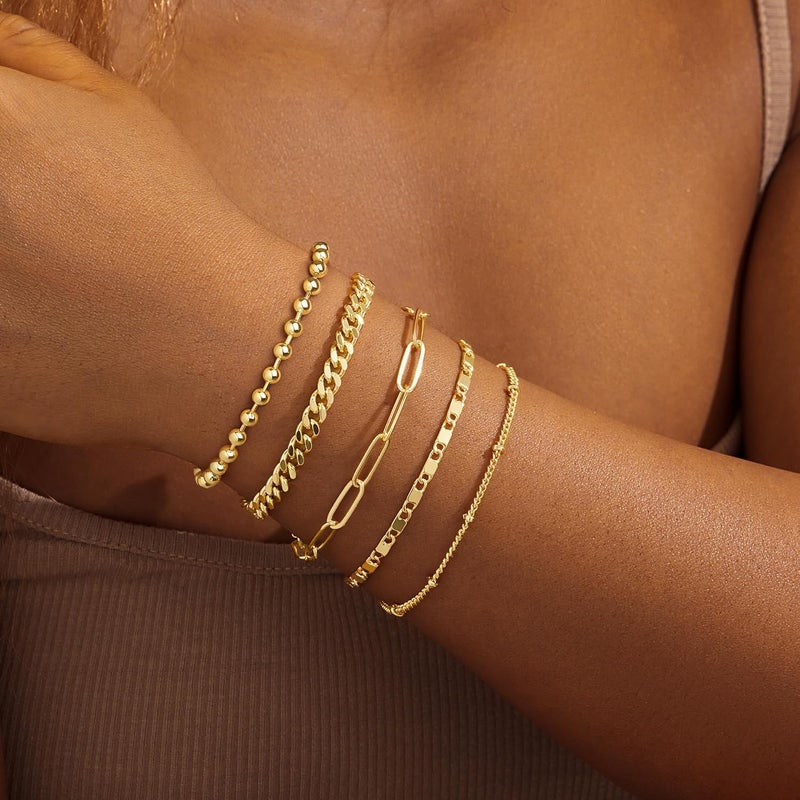 Poxtex Gold Bracelets Set for Women Stack, Dainty Thick Bracelets Stack for Women Trendy, Simple Thin Gold Plated Cuff Stackable Bracelets With Beaded Cuban Paperclip Snake Rope Bangle Hand Chain Jewelry Gifts for Women Non Tainish - Image 3